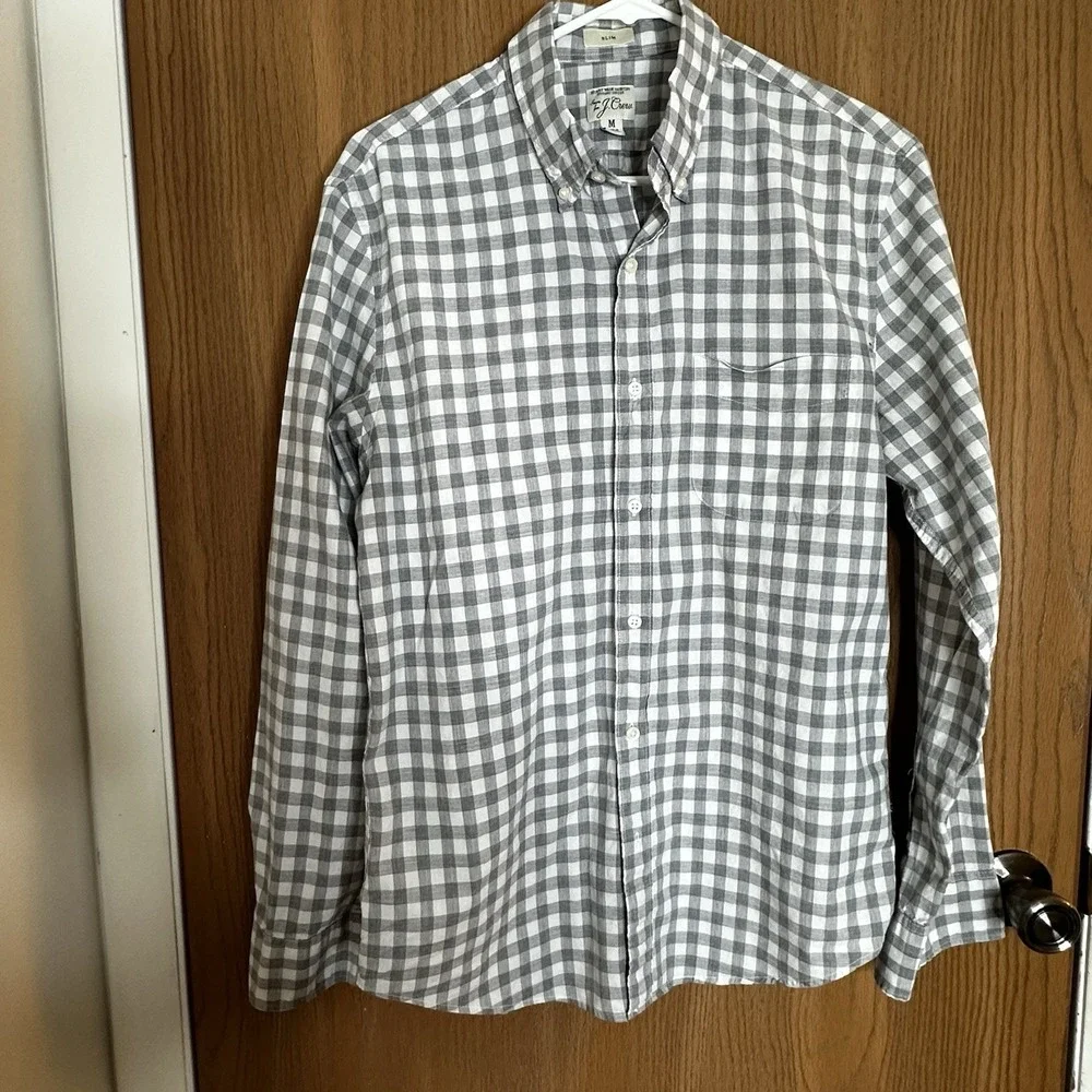 J. Crew Button Down Shirt Men's Sz M Slim 100%‎ Cotton Plaid Gray Long Sleeves